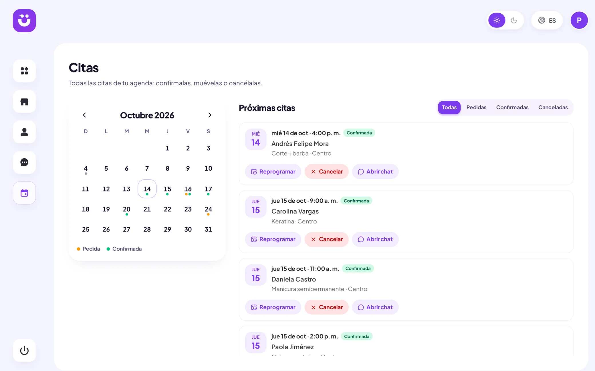 Página Citas de Wibbux en el computador: calendario del mes y lista de próximas citas