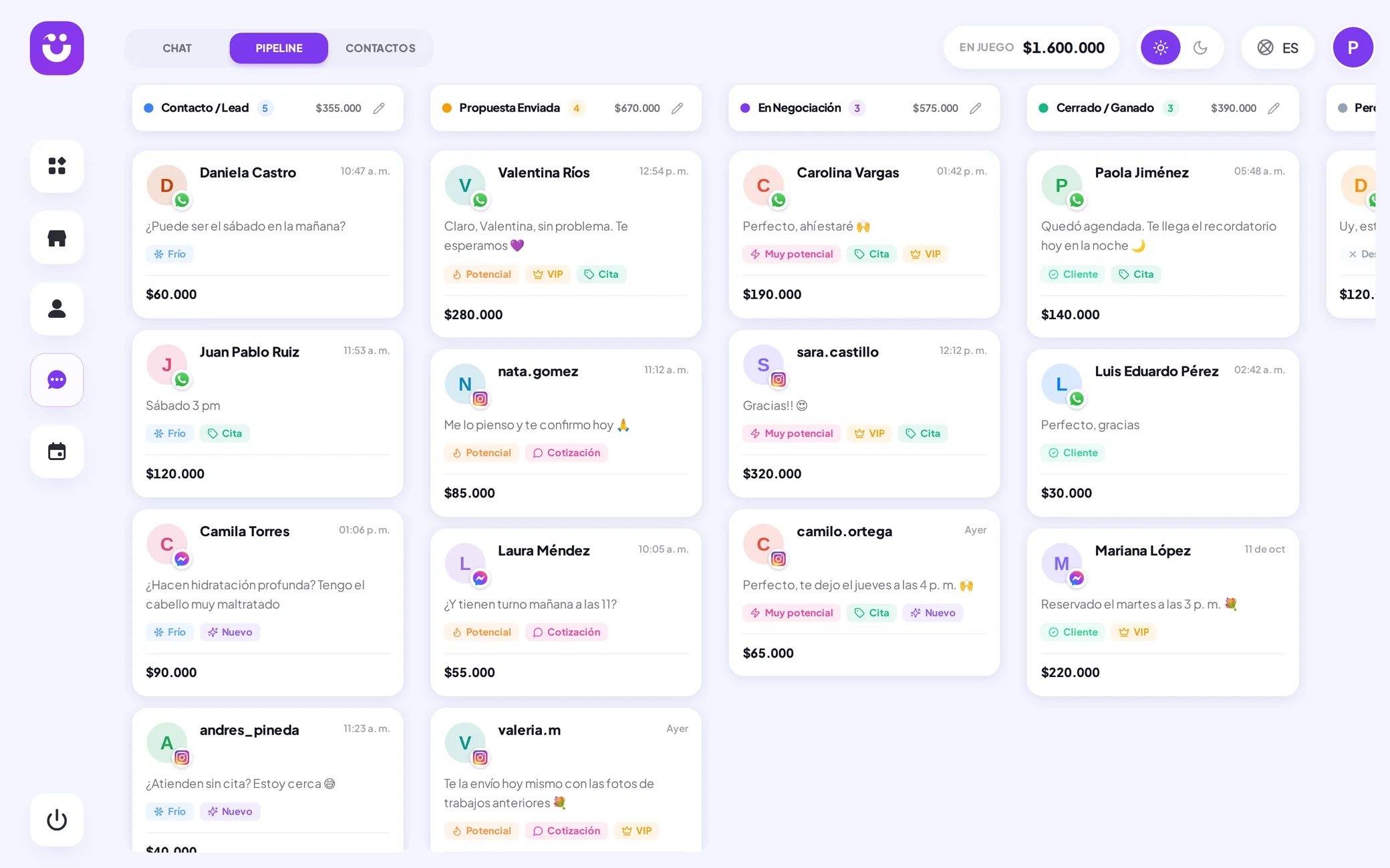 Embudo de ventas de Wibbux en el computador: columnas de contacto, propuesta enviada, en negociación y cerrado