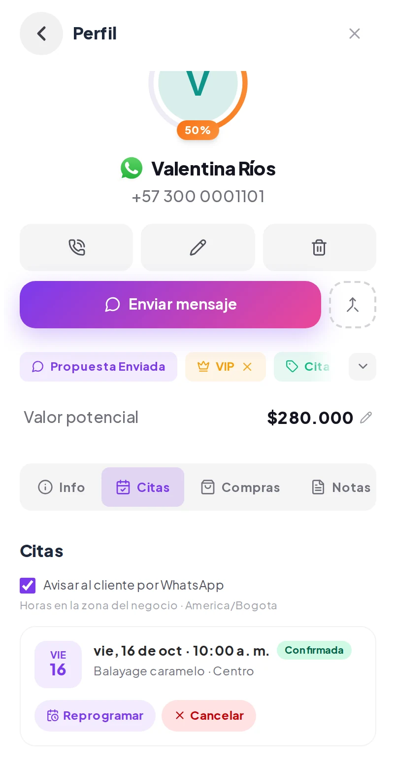 Pestaña Citas de la ficha de una clienta en Wibbux, con la próxima cita confirmada