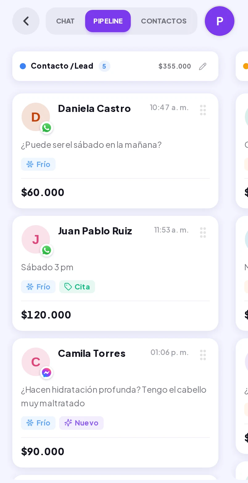Embudo de ventas de Wibbux en el celular con tarjetas por etapa