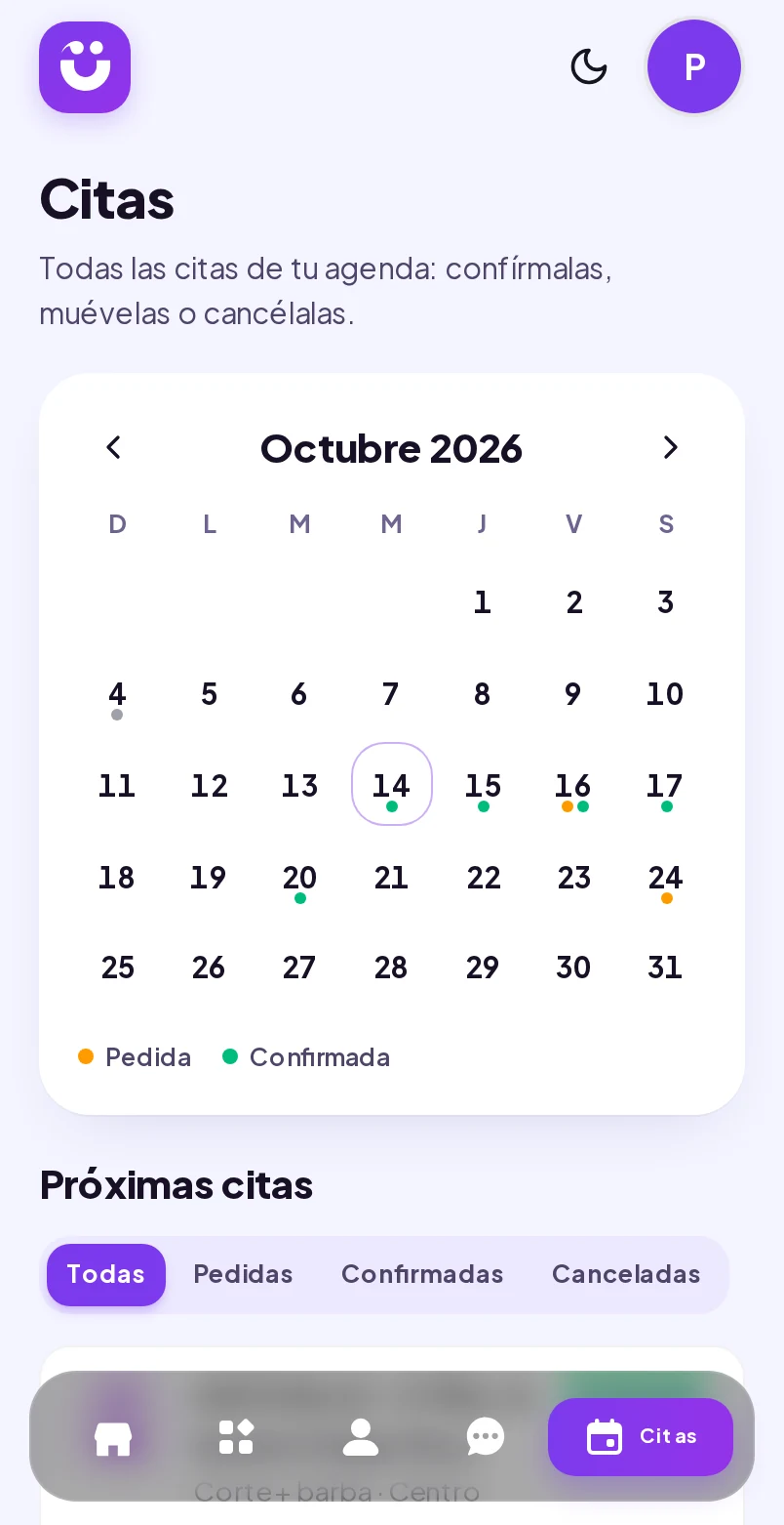 Página Citas de Wibbux en el celular: calendario y próximas citas